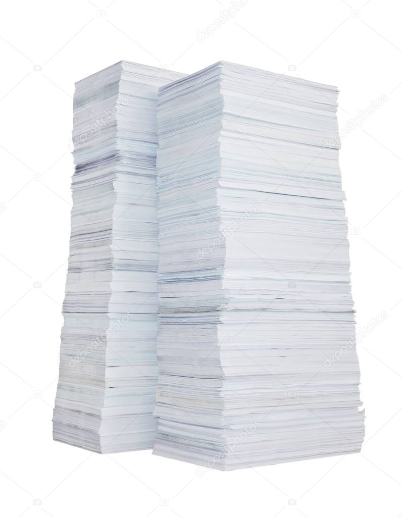 Two high stacks of paper isolated on a white background