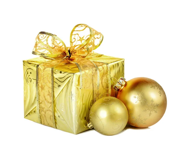 Christmas Decoration Golden Gift Box Christmas Balls Isolated White Background Stock Photo