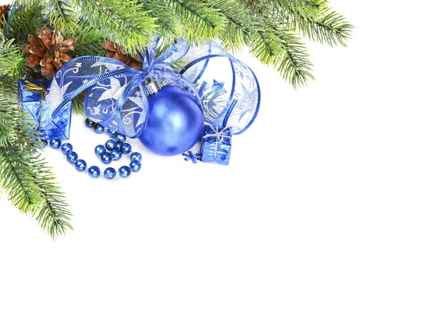 Christmas Compositionon Green Fir Branches Blue Christmas Ball Isolated White — Stock Photo, Image