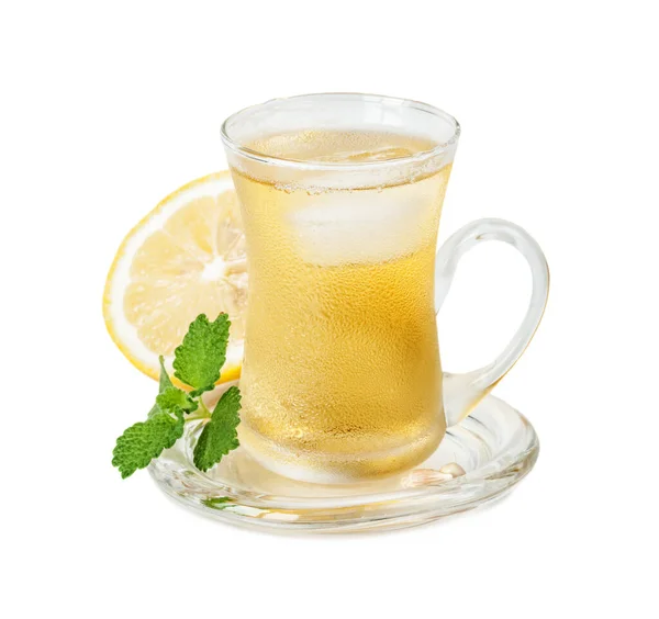 Copo Vidro Misturado Chá Verde Frio Com Gelo Limão Amarelo — Fotografia de Stock