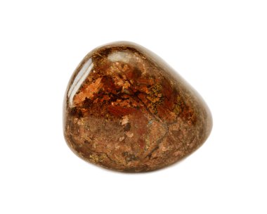 Bronzit mineralinin (Enstatite), pürüzsüz çakıl taşı şeklinde işlenmiş, beyaz arkaplanda izole edilmiş, toplanabilir örneği