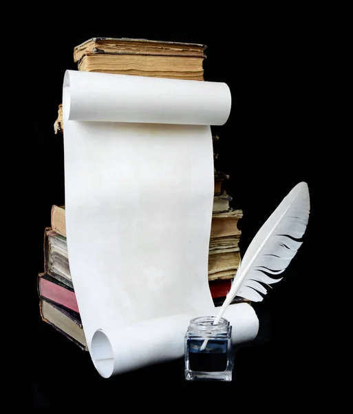 Still Life Paper Scroll Pen Stack Old Books Isolated Black — Stock Photo, Image