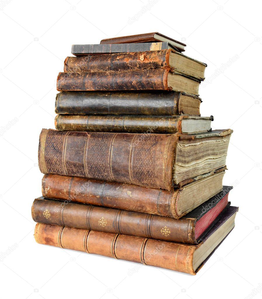 Pile of old books isolated on a white background