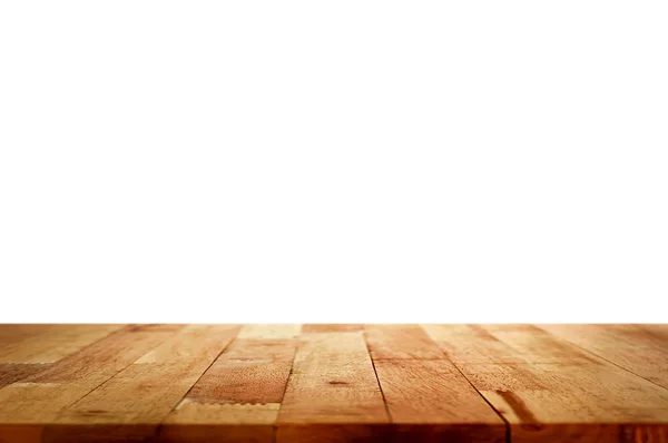 Tampo da mesa de madeira vazia no fundo branco — Fotografia de Stock