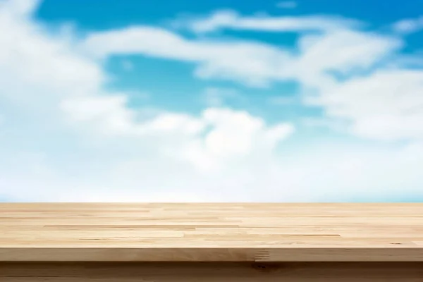 Drewniane blat na rozmycie tła lato niebieski niebo i chmury — Zdjęcie stockowe
