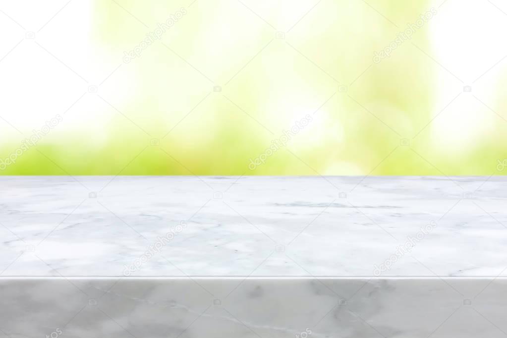 Marble stone countertop on white green abstract background