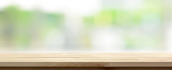 Wood table top on  blur abstract white green background, panoramic banner