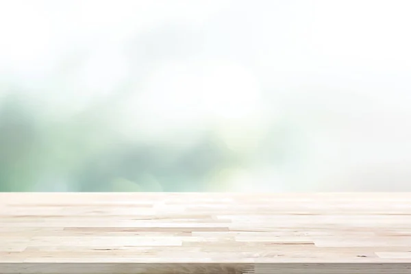 Holz Tischplatte auf verschwommenem abstrakten weißen grünen Bokeh-Hintergrund — Stockfoto
