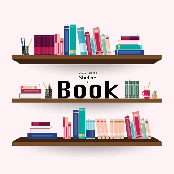Bokhyllor med färgglada böcker och skrivmaterial på rosa vägg — Stock vektor