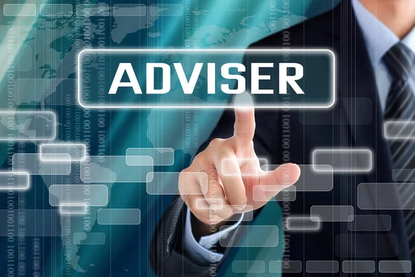 Businessman hand touching ADVISER sign on virtual screen — Stock Photo, Image