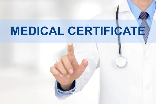 Doctor hand touching MEDICAL CERTIFICATE sign on virtual screen — Stock Photo, Image
