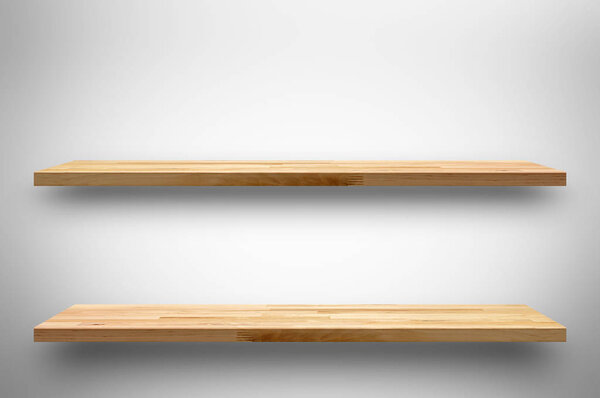 Double wooden shelves on white gray gradient background
