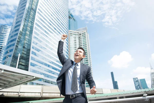 Businessman smiling and raising his fist in the air — Stock Photo, Image