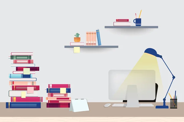 Espace de travail illustré avec ordinateur, livres et papeterie sur la table — Image vectorielle