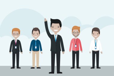 Grup önünde duran, elini kadar yükselterek çizgi film iş adamı 