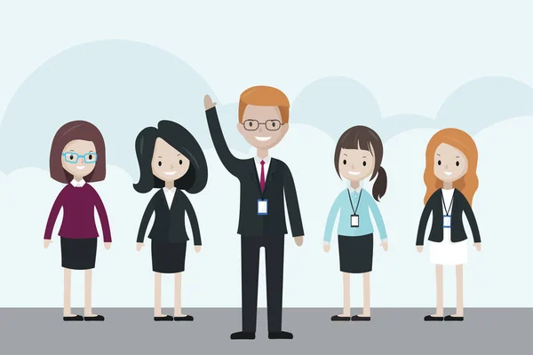Мультфильм бизнесмен стоит перед группой, поднимая руку вверх — стоковый вектор