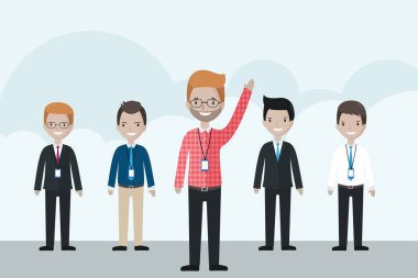 Grup önünde duran, elini kadar yükselterek çizgi film iş adamı  