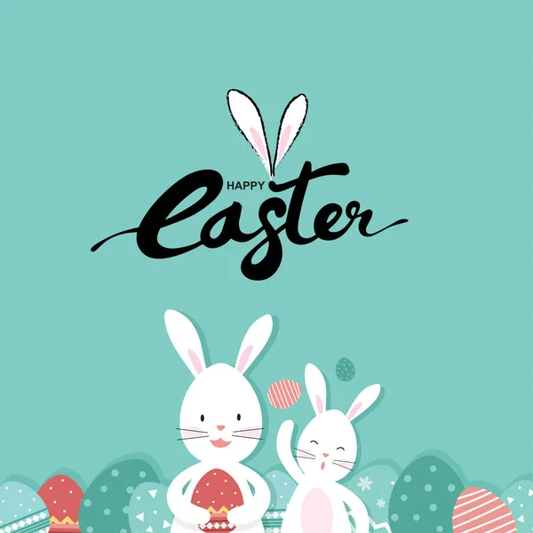 Tarjeta Pascua Con Conejos Dibujos Animados Huevos Fondo Verde Pastel — Vector de stock