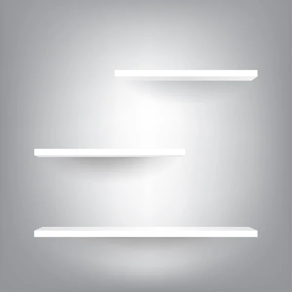 Üres fehér polcok a színátmenet világos szürke háttér — Stock Vector