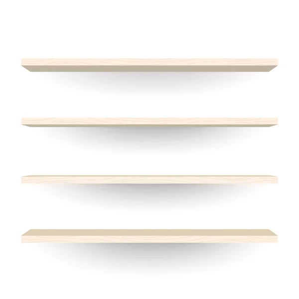 Порожні дерев'яні полки на білому тлі стіни — стоковий вектор