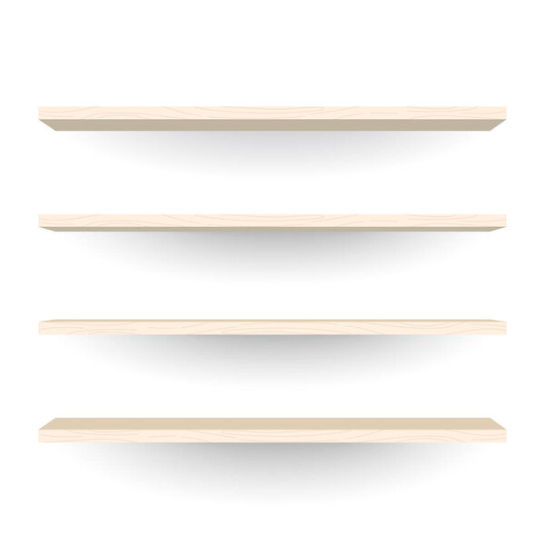 Empty wood shelves on white wall background