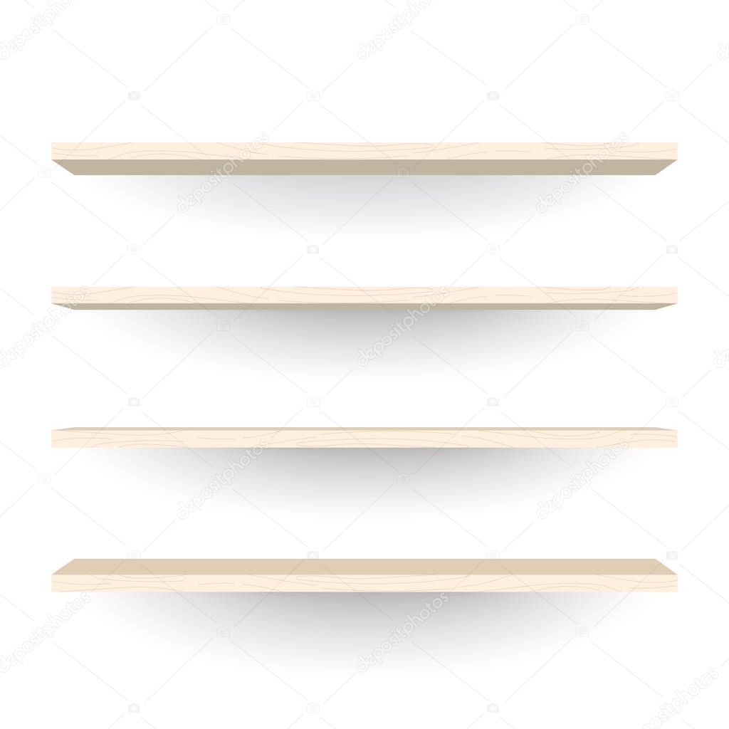 Empty wood shelves on white wall background