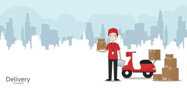 Cartoon Delivery Man Κόκκινο Στολή Μοτοσικλέτα Web Banner Αντίγραφο Χώρο — Διανυσματικό Αρχείο