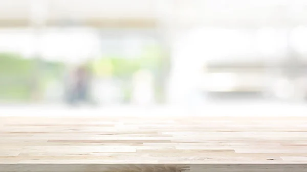 Wood table top on blur kitchen window background, 16:9 proportion — Stock Photo, Image