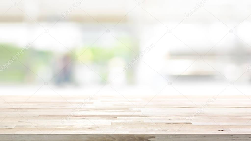 Wood table top on blur kitchen window background, 16:9 proportion