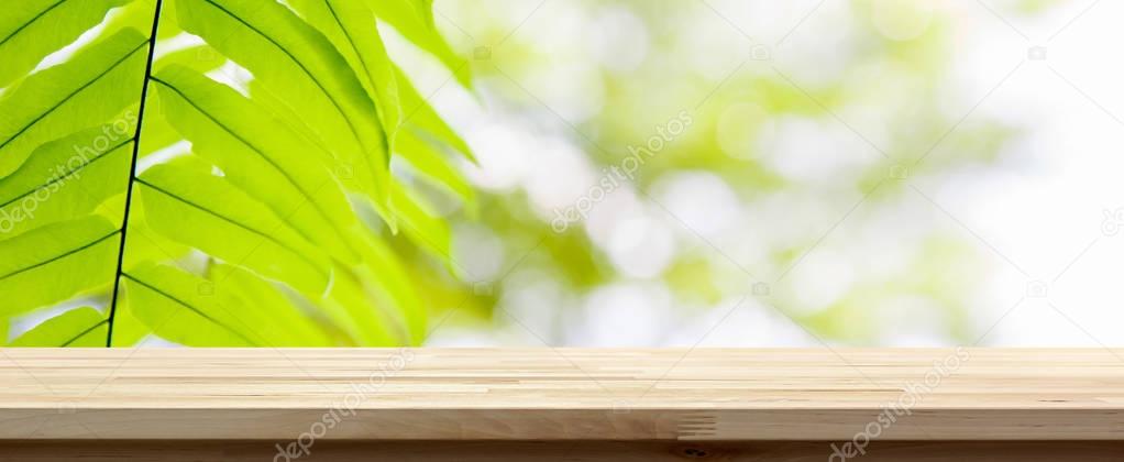 Wood table top on green natural Fern leave banner background