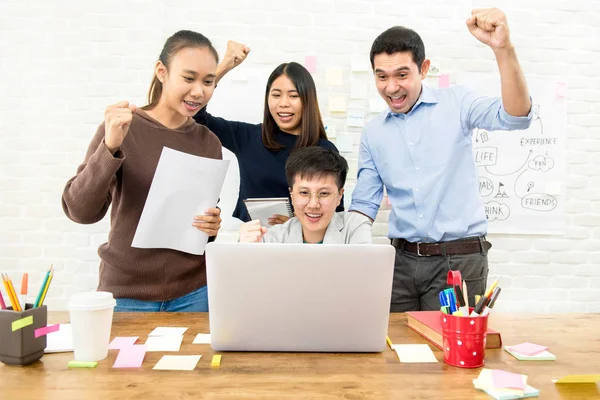 Group University Students Raising Fists Celebrating While Looking Laptop Computer — Stock Photo, Image