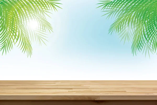 Tampo da mesa de madeira no verão céu tropical fundo com coco verde — Fotografia de Stock