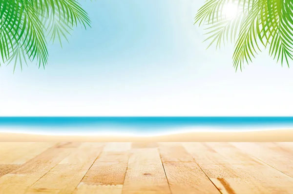 Mesa de madera sobre fondo de playa de verano —  Fotos de Stock