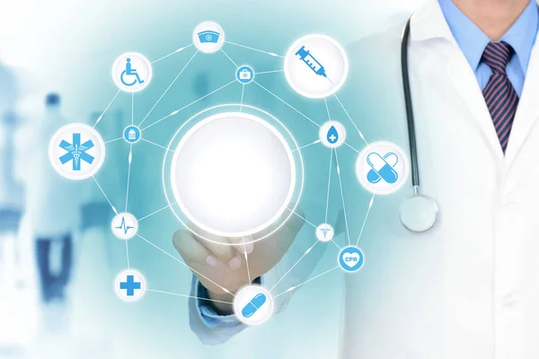 Arzthand berührt medizinisches Netzwerk auf virtuellem Bildschirm — Stockfoto