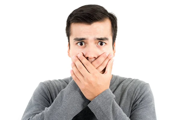 Hombre sorprendido con las manos cubriendo la boca — Foto de Stock