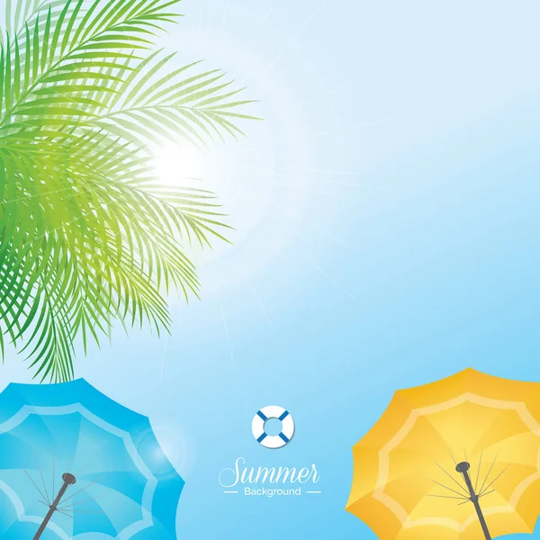 Ciel d'été avec feuilles de noix de coco vertes et parasol coloré — Image vectorielle