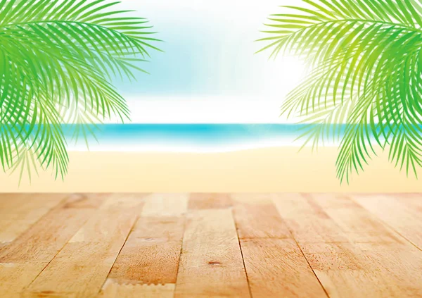 Wood table top on beautiful summer beach illustration background — Stock Photo, Image