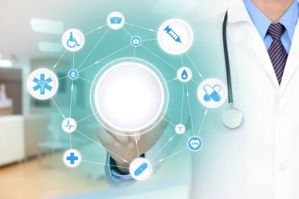 Arzthand berührt medizinisches Netzwerk auf virtuellem Bildschirm mit Blan — Stockfoto