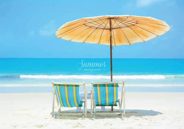 Praia de verão bonita com cadeiras de praia e guarda-chuva - vetor — Vetor de Stock