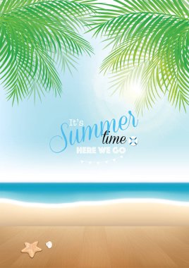 Güzel yaz plaj ile ahşap masa görüntü veya montag için en iyi