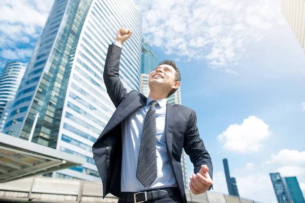 Zakenman glimlachend en het verhogen van zijn vuist in de lucht, met office — Stockfoto