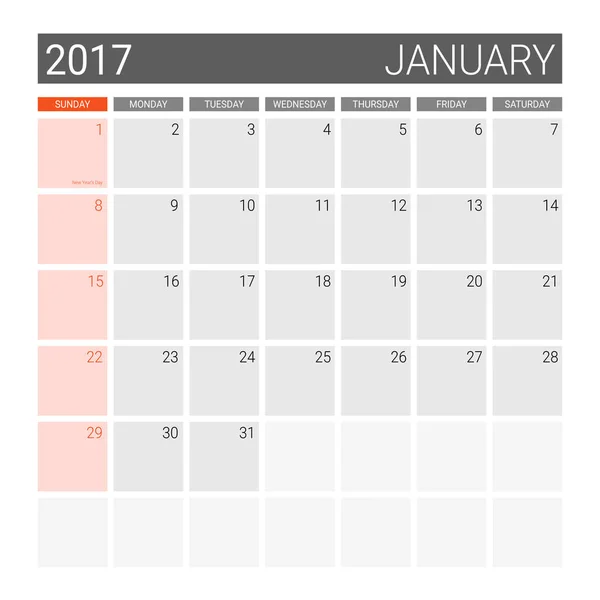 2017 Januar-Kalender (oder Schreibtischplaner)) — Stockvektor