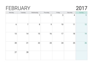 2017 Şubat takvim (veya Resepsiyon planlayıcısı)