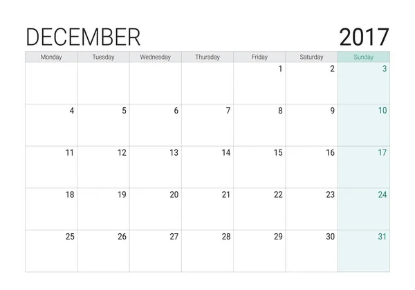 2017 Dezember-Kalender (oder Schreibtischplaner) — Stockvektor