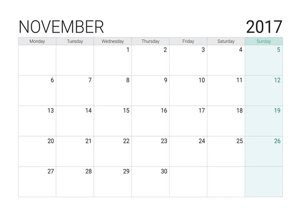 2017 November-Kalender (oder Schreibtischplaner)) — Stockvektor