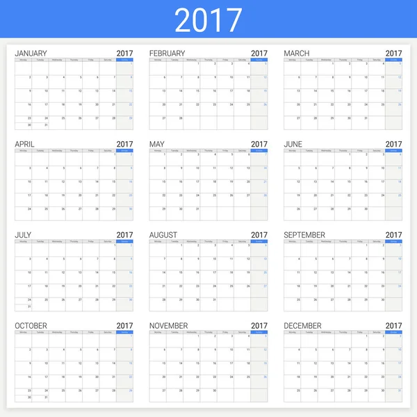 Calendario 2017 (o planificador de escritorio), 12 meses — Vector de stock