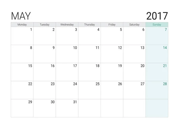 Calendário de maio 2017 (ou planejador de mesa ) — Vetor de Stock