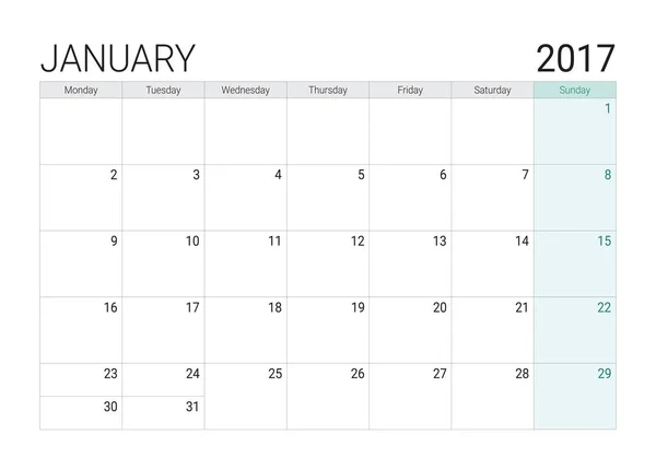Calendário de janeiro de 2017 (ou planejador de mesa ) — Vetor de Stock
