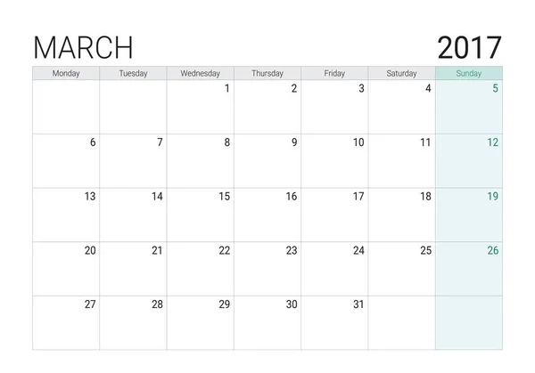 Calendario de marzo 2017 (o planificador de escritorio) ) — Vector de stock