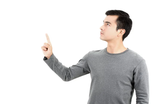 Young Hispanic man pointing his finger up on empty space — Stock Photo, Image